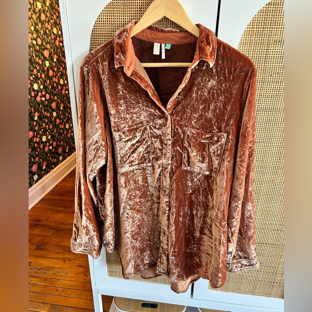 Anthropologie PILCRO Velvet Button-Up Shirt in Rust
